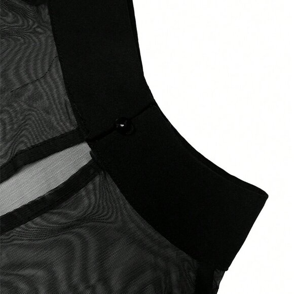 Black Casual Women's Stand Collar Sheer Yoke Short Sleeve Cape Blouse - Picture 6 of 7